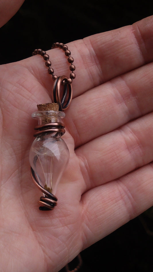 Wire wrapped glass vial necklace filled with dandelion seeds