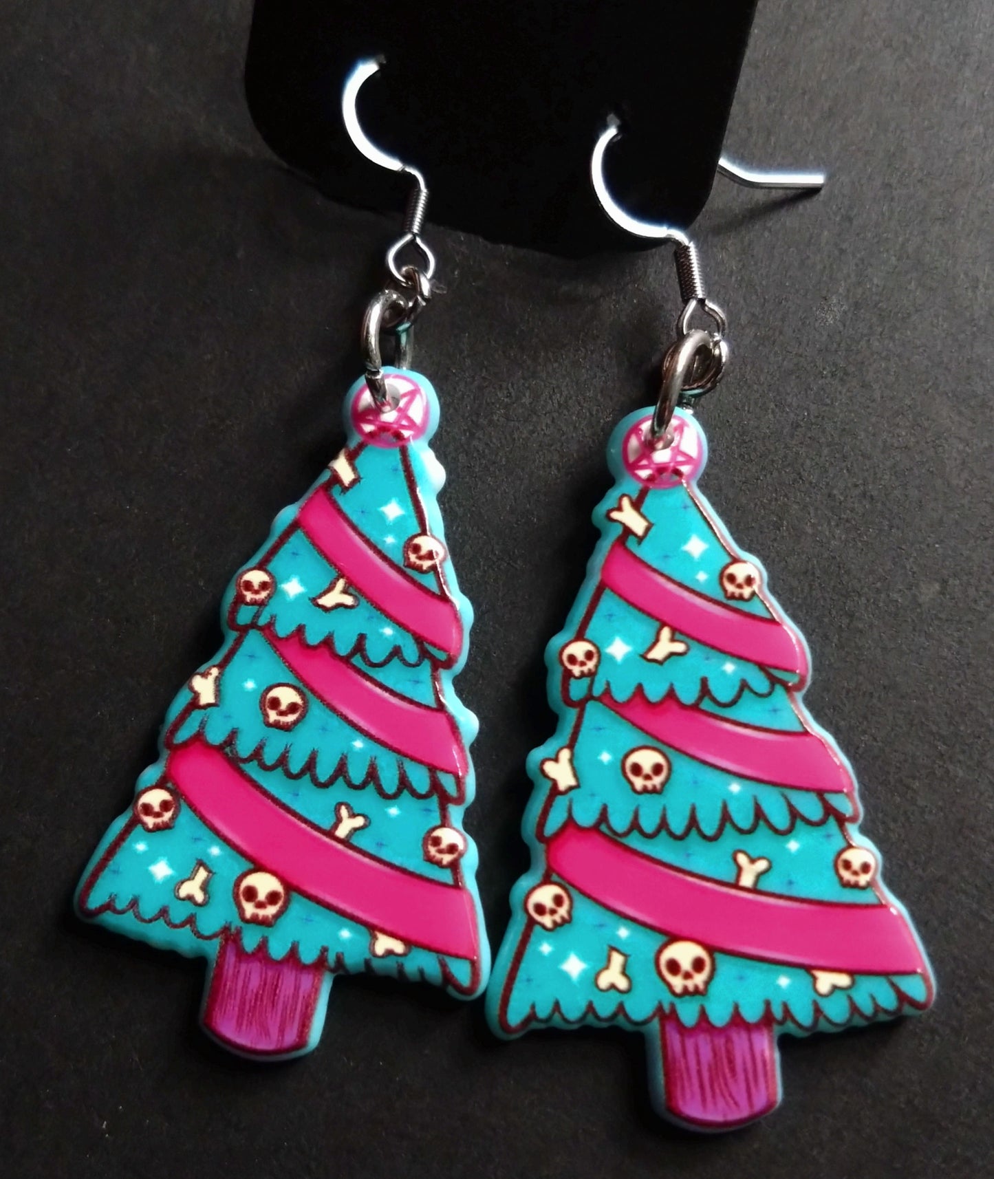 Blue and pink skull Christmas tree earrings