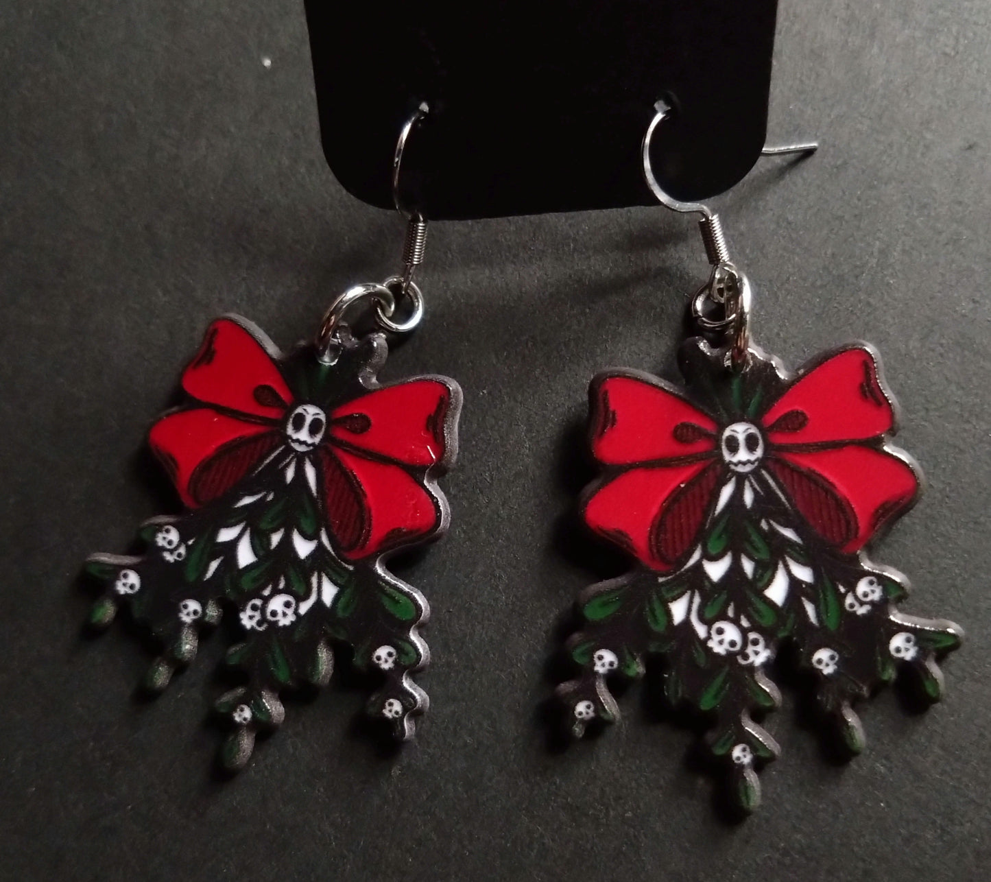 Gothic skull and bow acrylic Christmas earrings