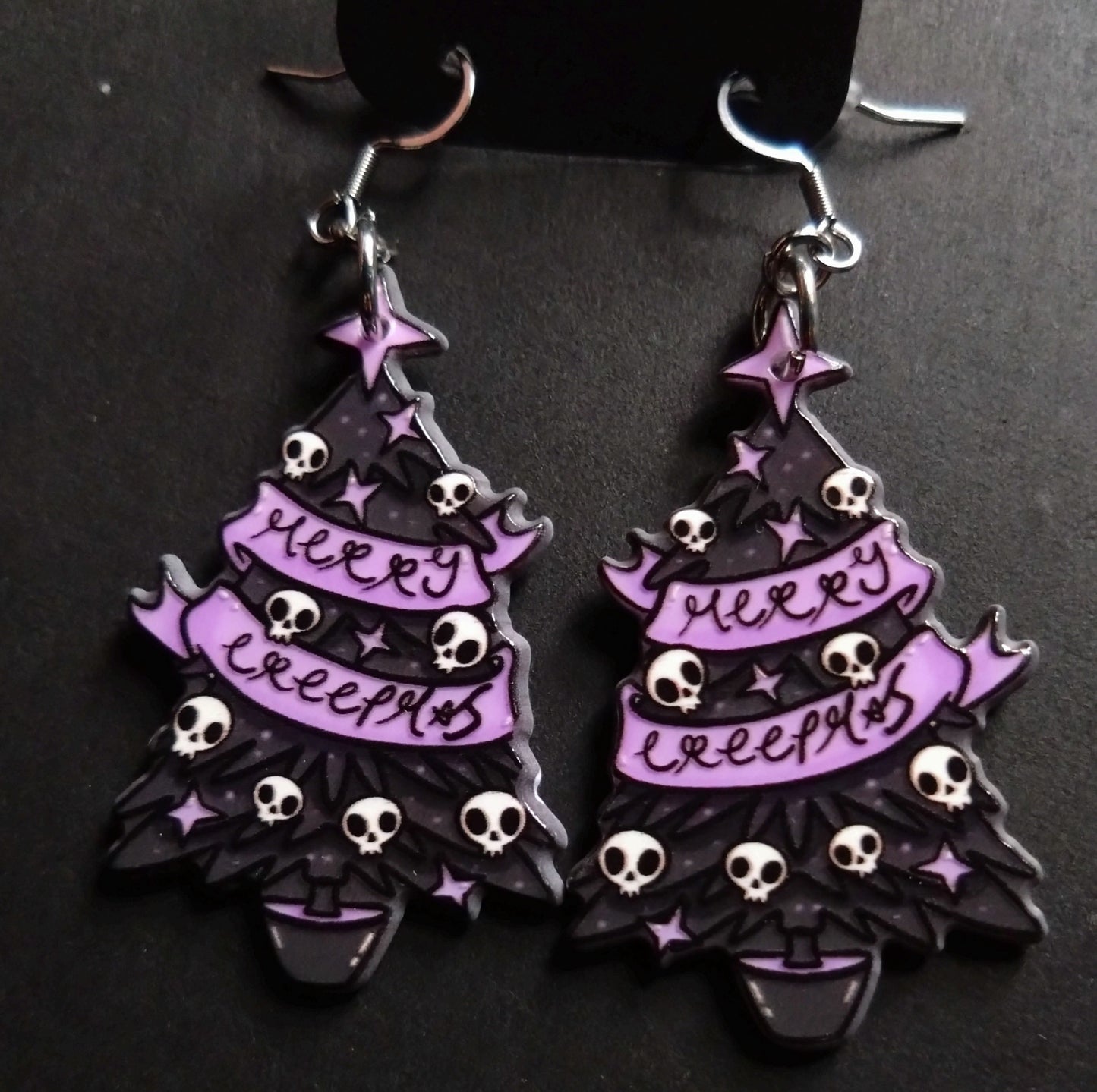 Gothic purple and black skull acrylic Christmas tree earrings