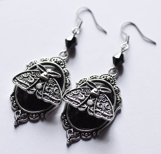 Gothic moth charm earrings on stainless steel ear wires