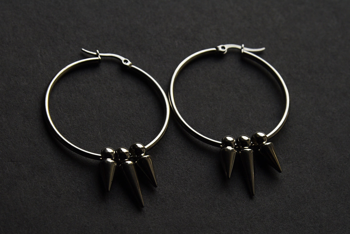 stainless steel large hoop earrings with triple spikes
