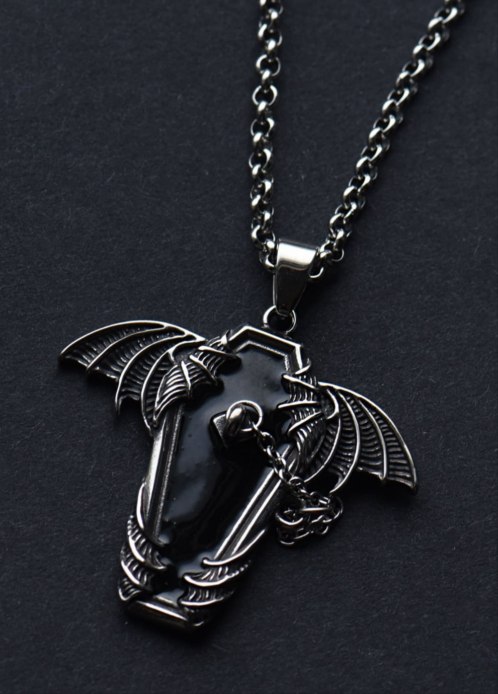 Stainless steel bat wings coffin necklace