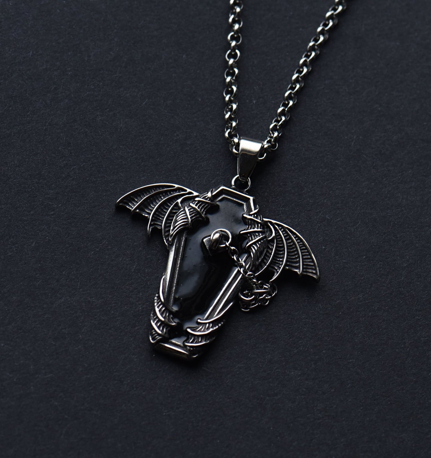Stainless steel bat wings coffin necklace