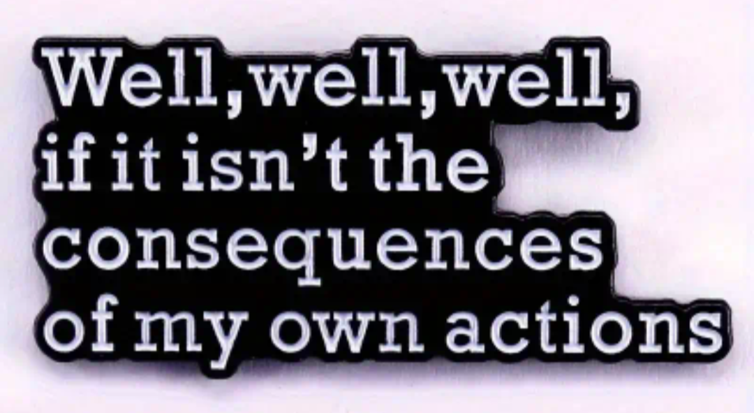 Well well well, if it isn't the consequences of my own actions enamel pin badge