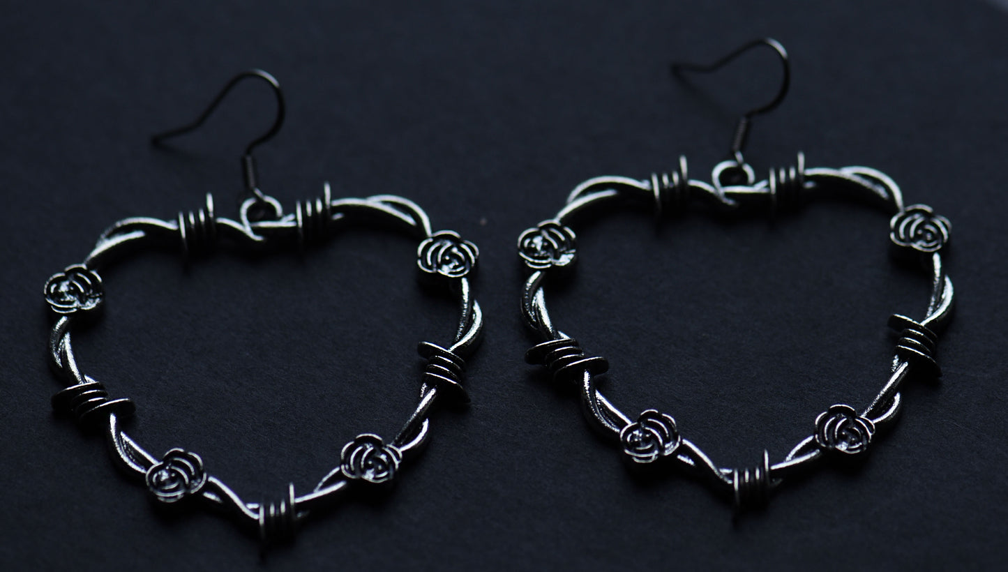 Barbed wire gothic heart earrings with stainless steel ear wires