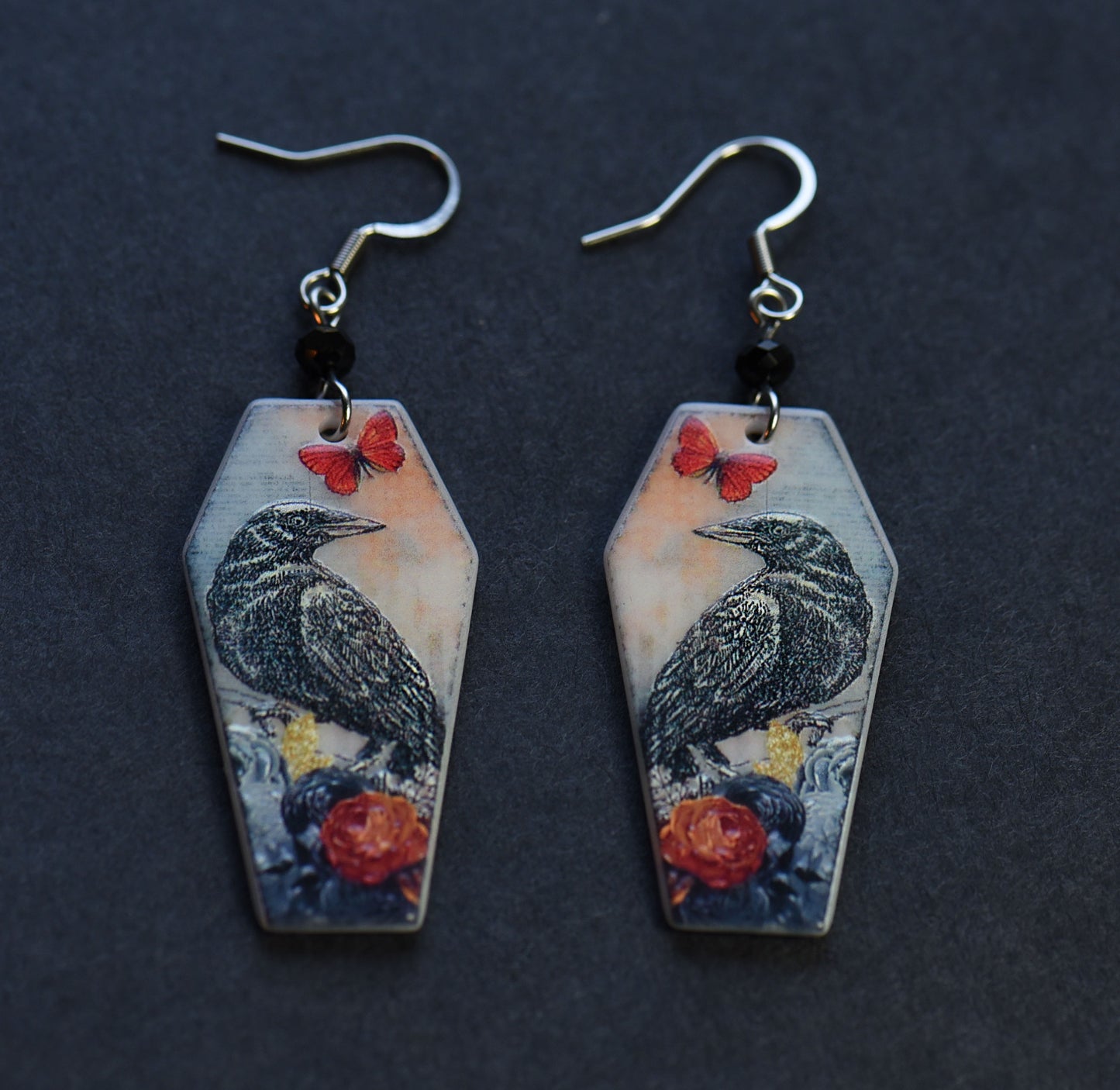 Acrylic gothic crow charm earrings with stainless steel ear wires
