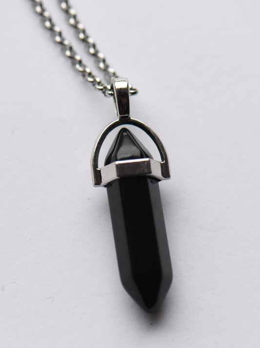 Black crystal point on a stainless steel 18 inch chain