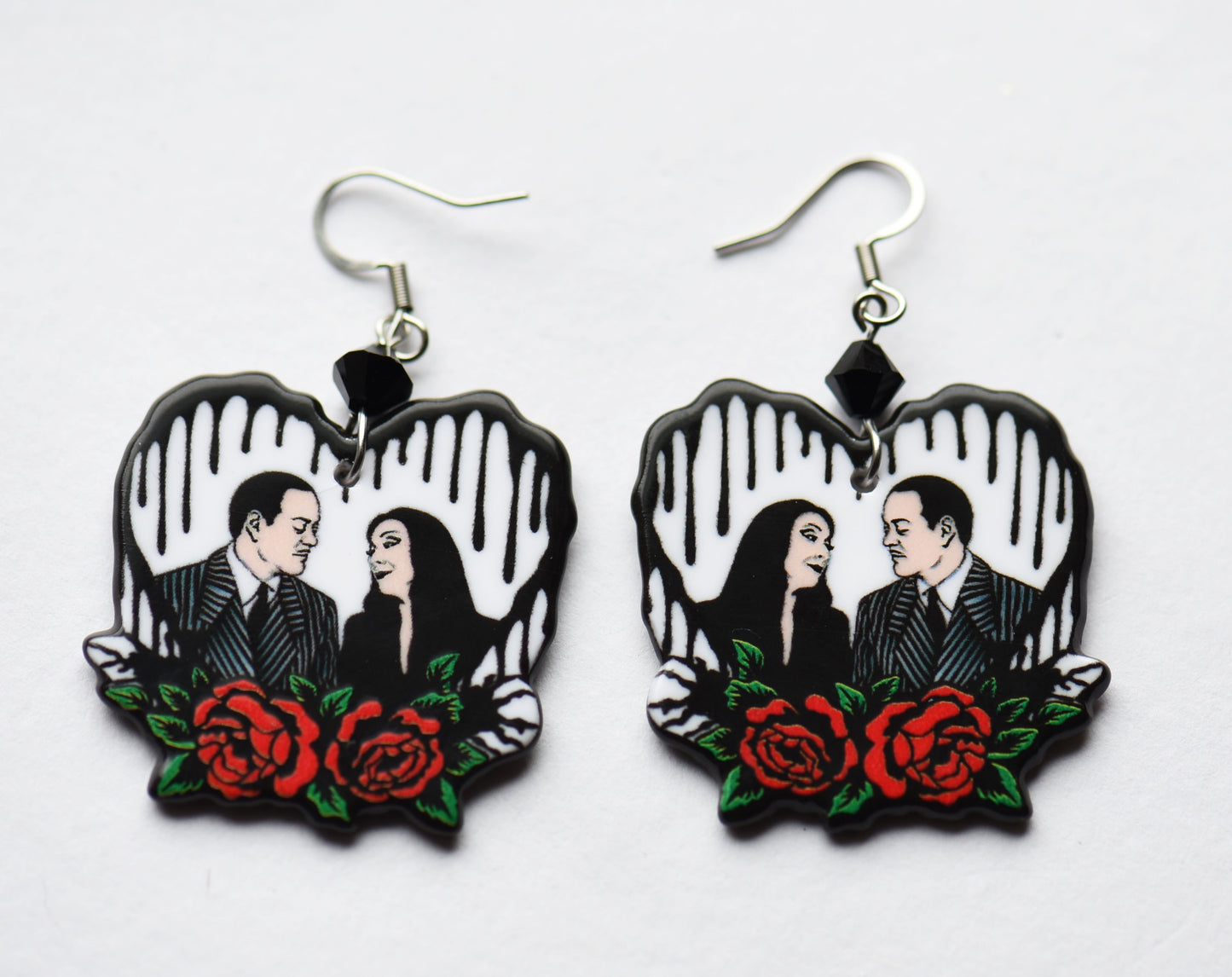 Acrylic gothic morticia and gomez heart earrings on stainless steel ear wires