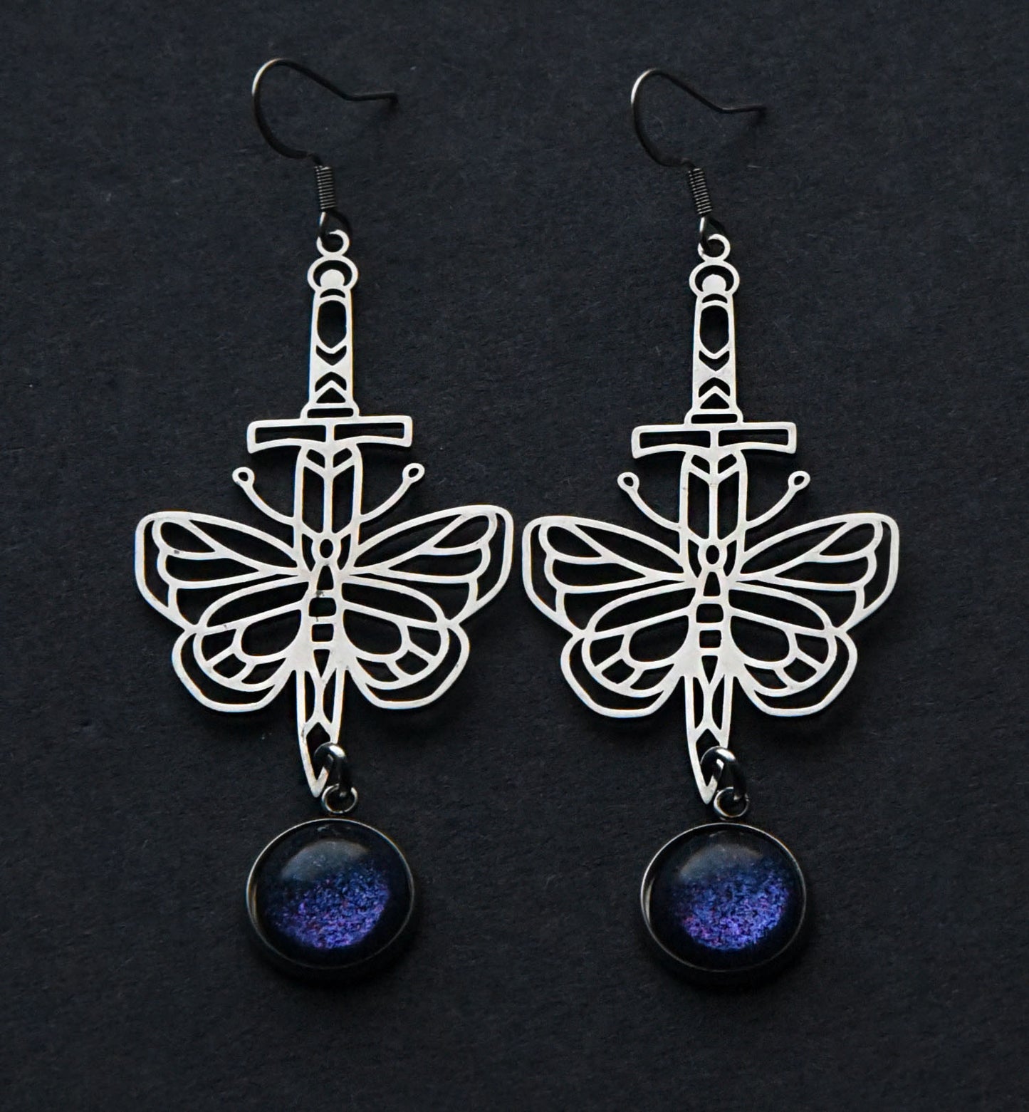 Gothic butterfly and sword stainless steel earrings