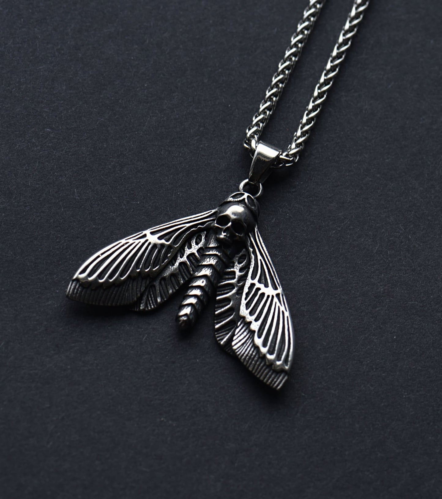 Stainless steel death's head hawk moth necklace