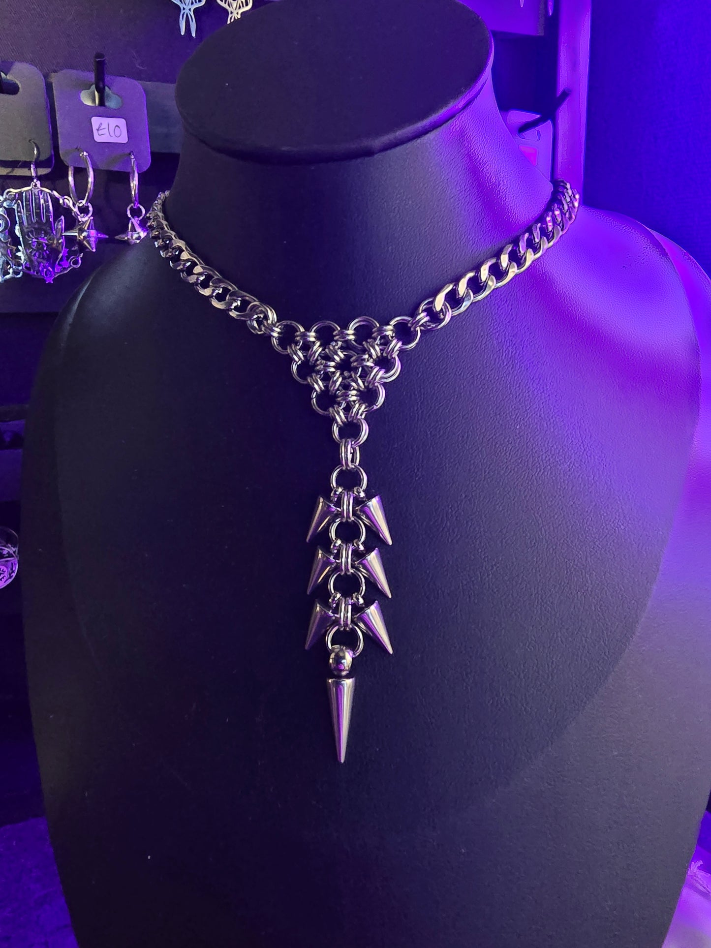 Stainless steel chain maille spike necklace