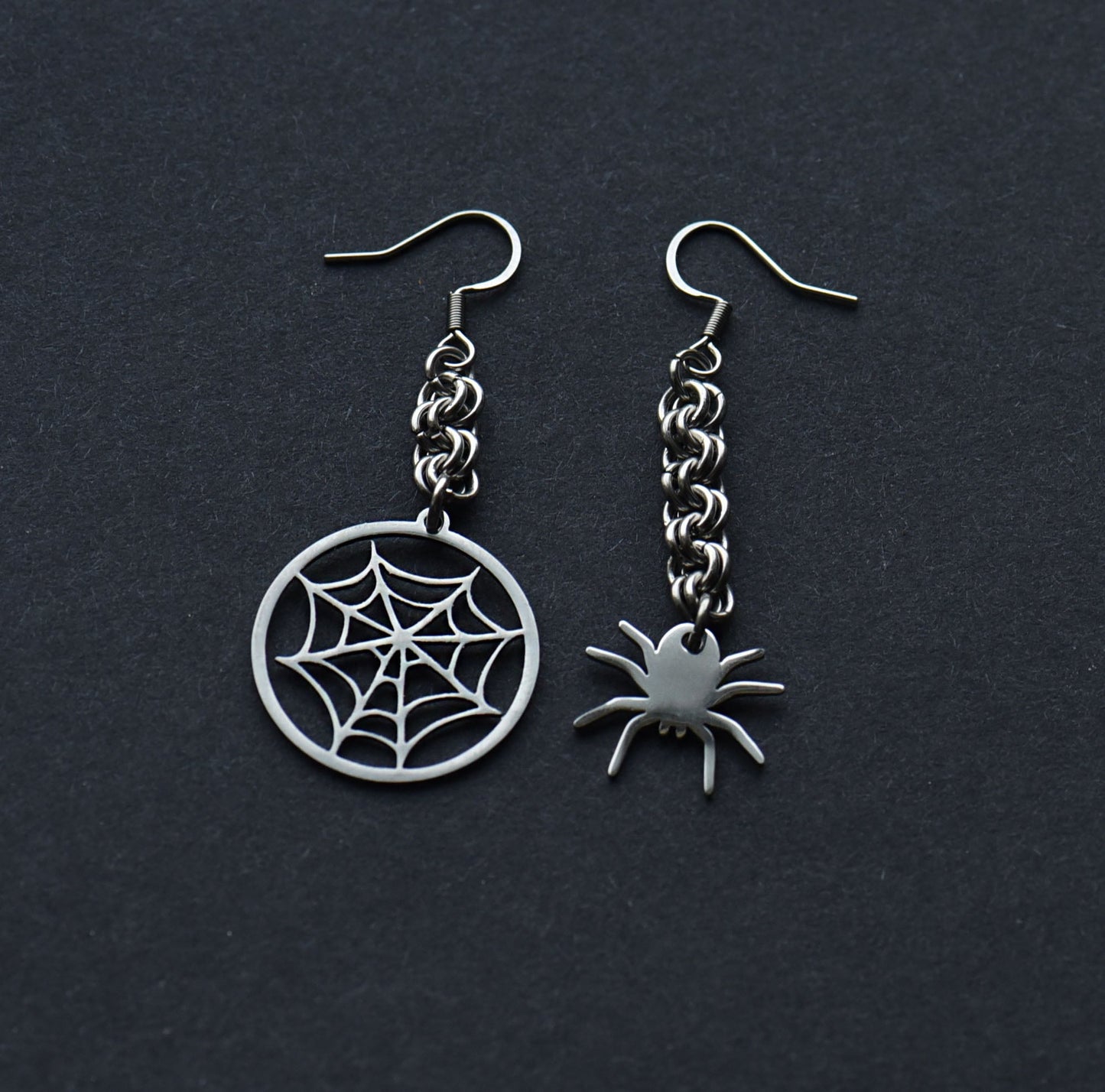 Stainless steel spider and web chain maille earrings