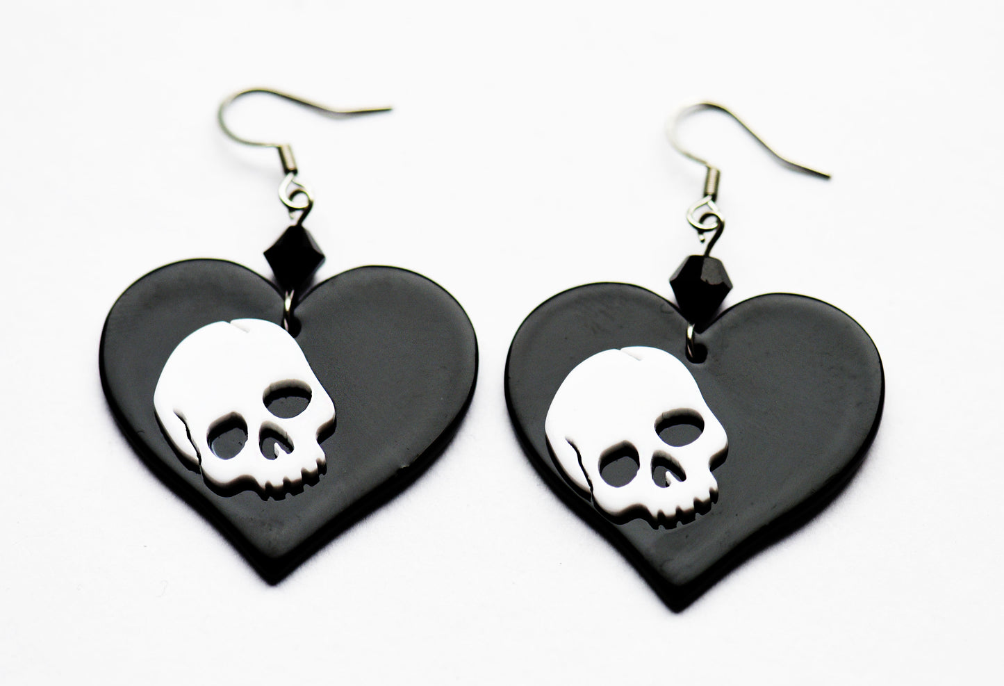 Gothic black acrylic heart and skull earrings on stainless steel ear wires