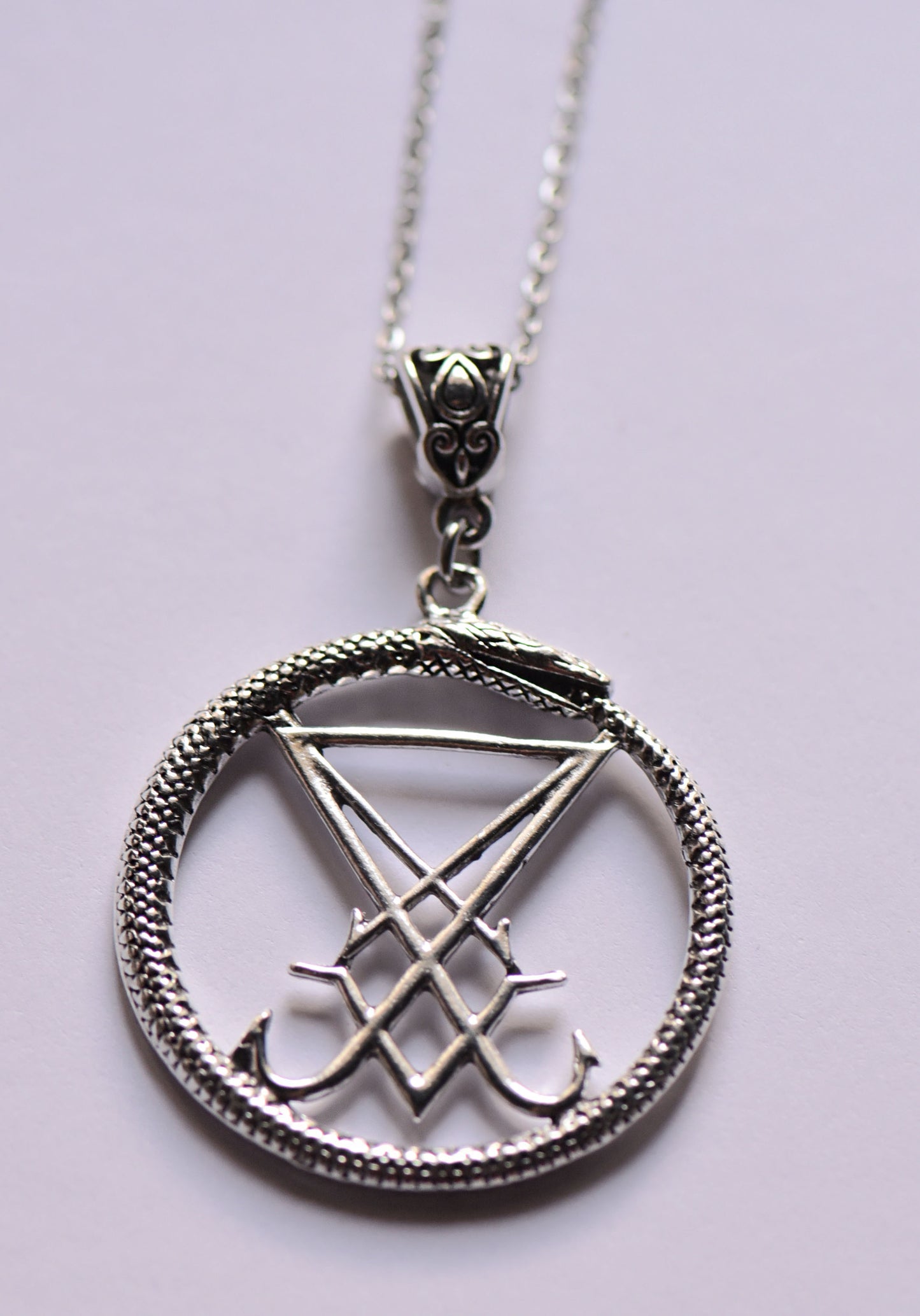 Seal of Lucifer snake charm necklace on a stainless steel 18 inch chain