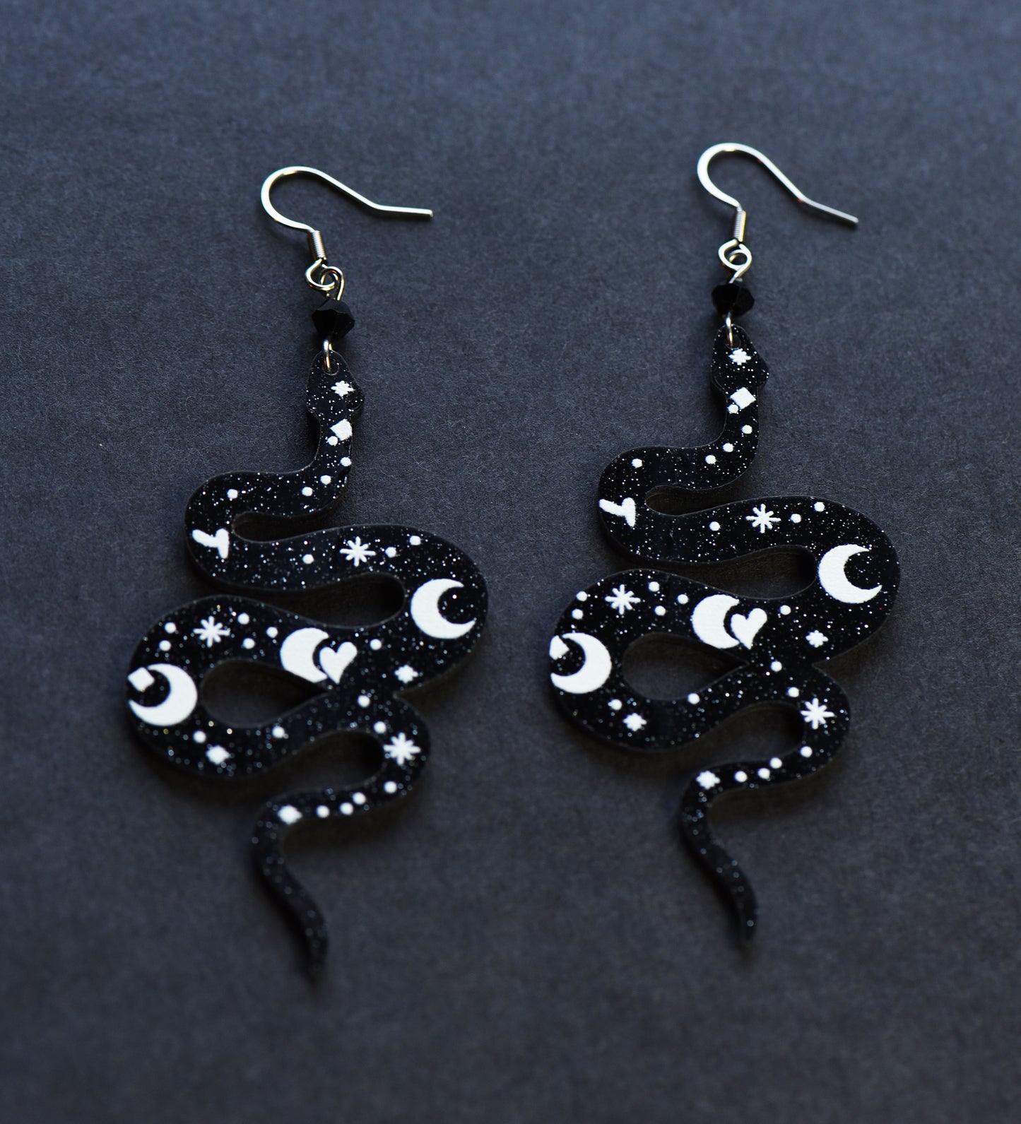 Large gothic black and white snake earrings with stainless steel ear wires
