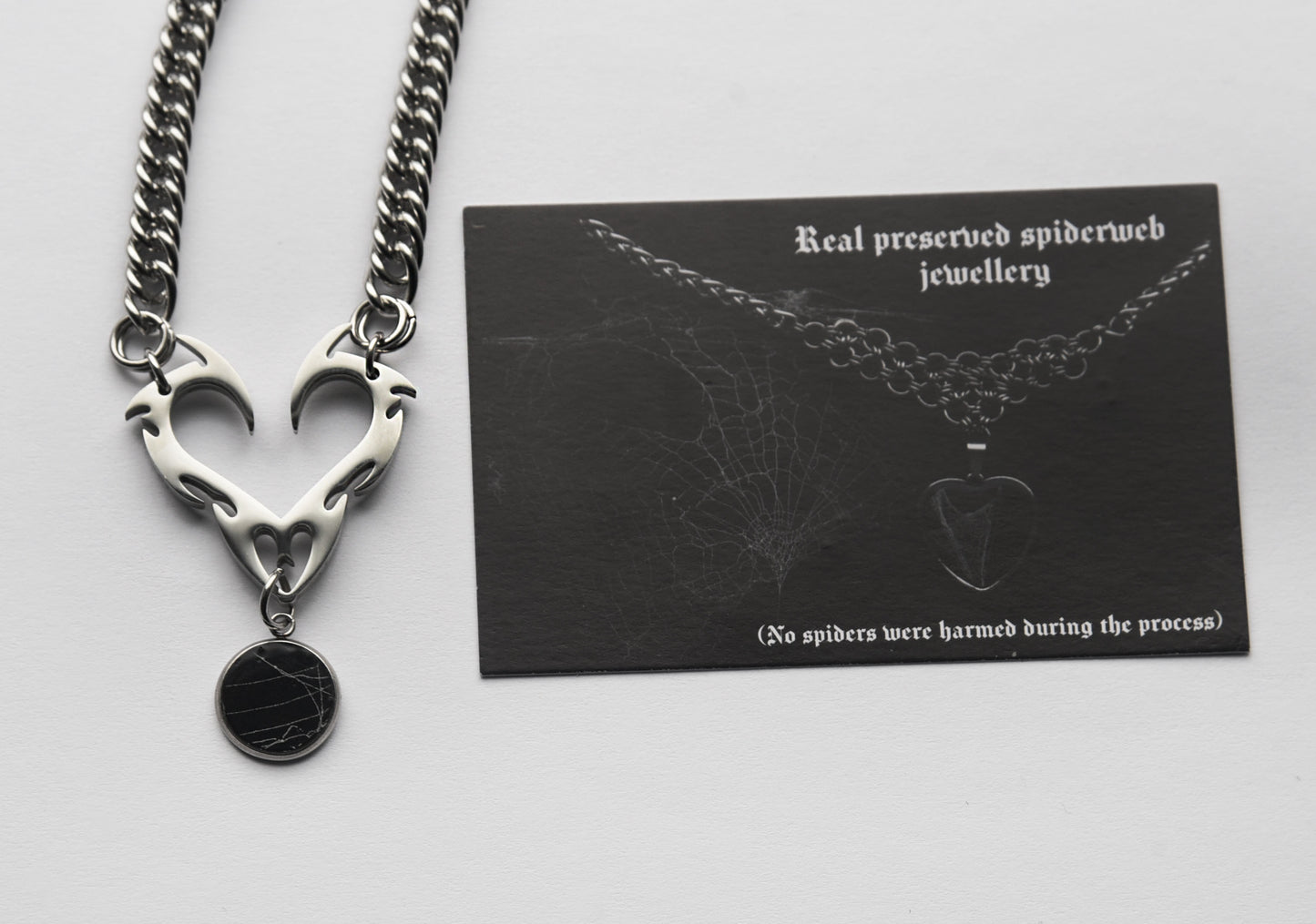 Real preserved spiderweb heart necklace stainless steel