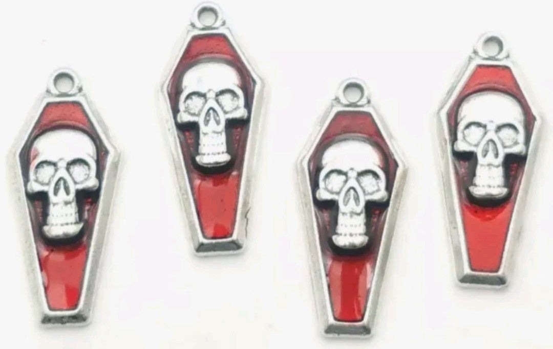 Coffin skull charms red and silver 5pk