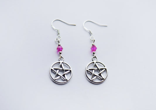 Pentagram earrings with hot pink bicone beads