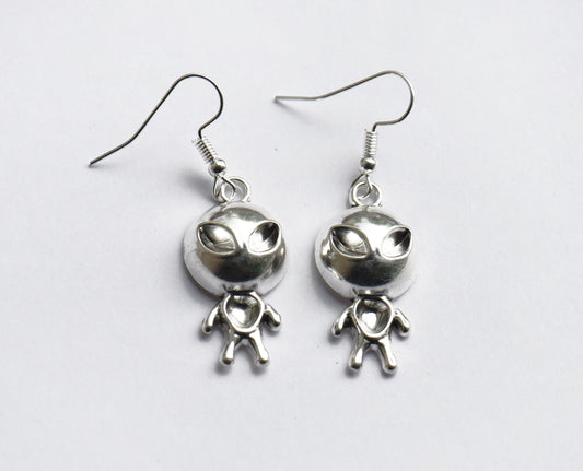Cute silver tone alien earrings