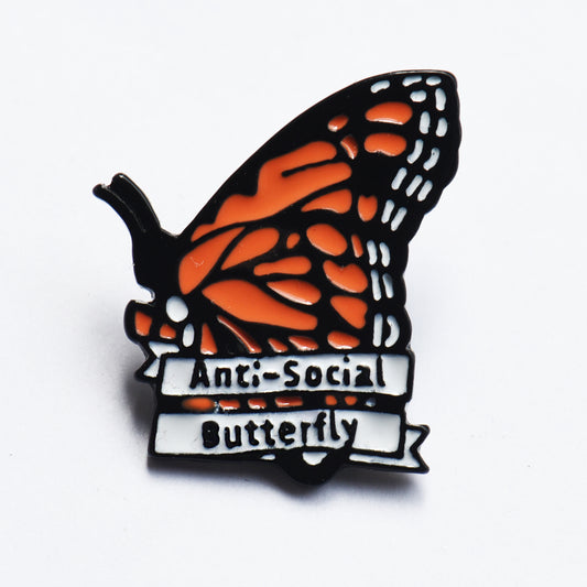 Anti social butterfly pin badge