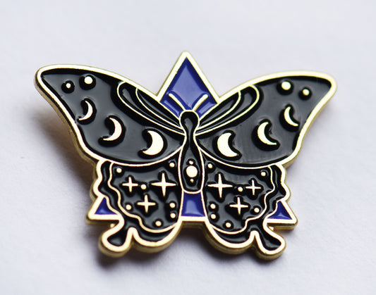Black, purple and gold lunar butterfly enamel pin badge