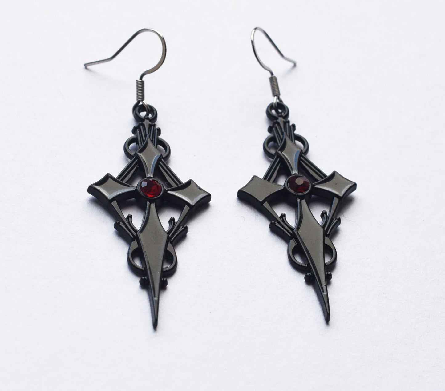 Black gothic cross earrings with red gem detail. Stainless steel earwires