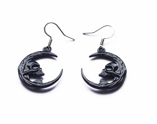 Black gothic skull moon earrings with stainless steel ear wires