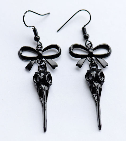 Gothic black bow and bird skull earrings
