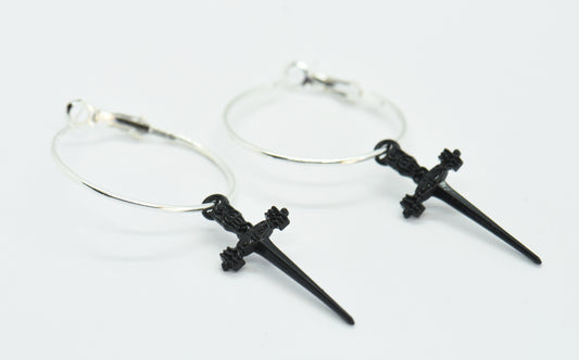 Gothic black sword hoop earrings