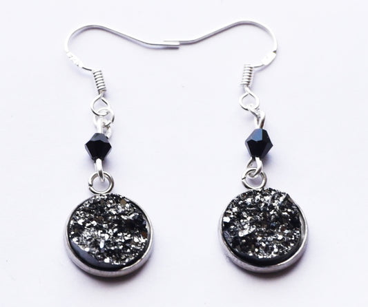 Grey druzy cabochon earrings with black bicone bead on silver coloured ear wires