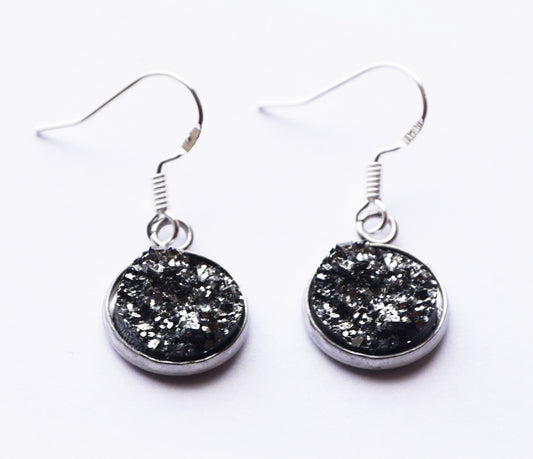 Grey druzy round cabochon earrings on silver coloured ear wires