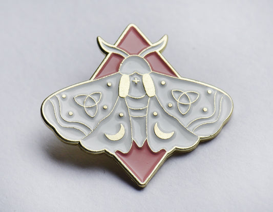Pink, white and gold moth enamel pin badge