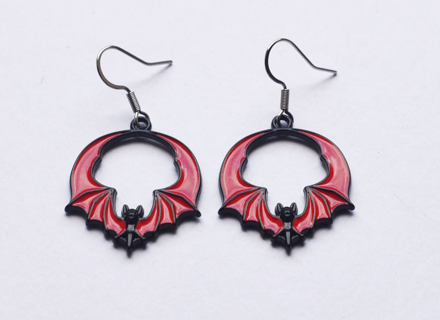Red and black bat charm earrings with stainless steel ear wires