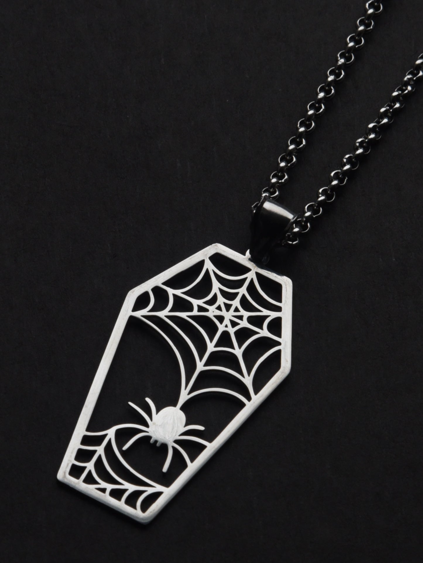 Stainless steel spider and web necklace on a 18 inch chain