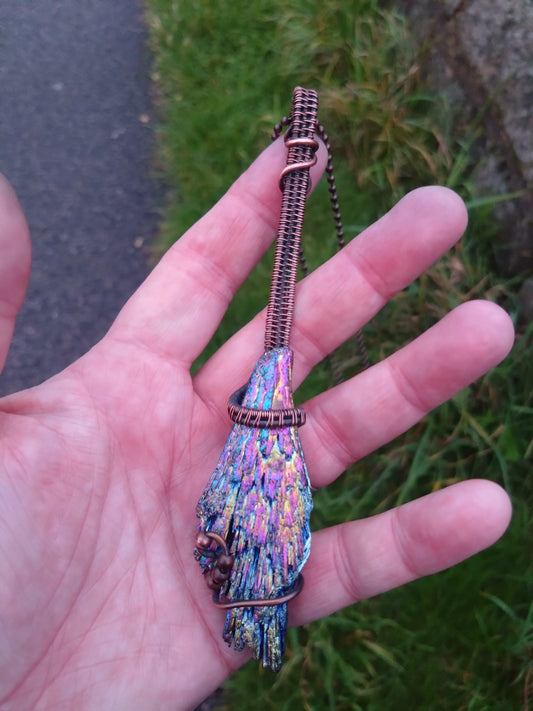 Large kyanite wire wrapped witches broom necklace