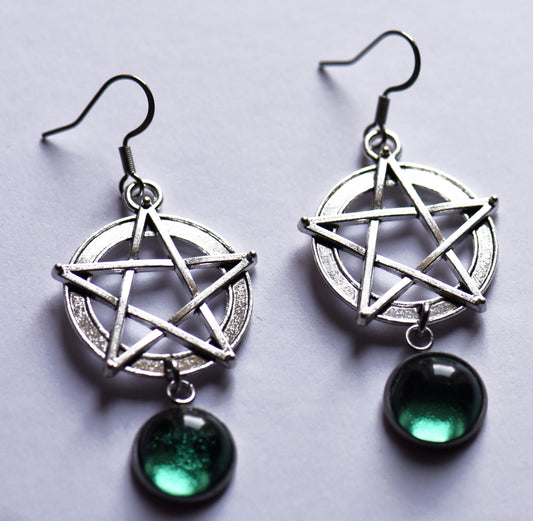 Pentagram earrings with green cabochon detail on stainless steel ear wires