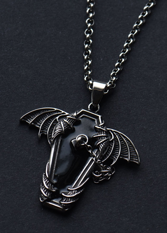 Stainless steel bat wings coffin necklace