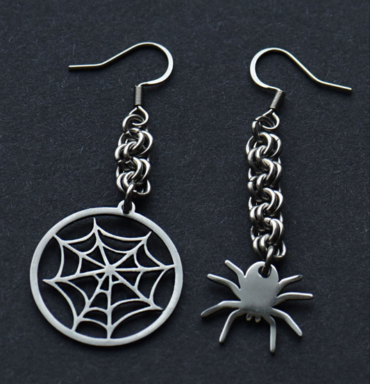 Stainless steel spider and web chain maille earrings