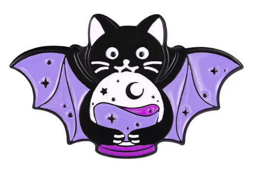 Witch bat cat with crystal ball enamel pin badge