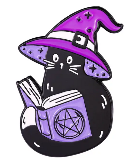 Witch cat with spell book enamel pin badge