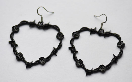 Gothic black heart barbed wire statement earrings on stainless steel ear wires