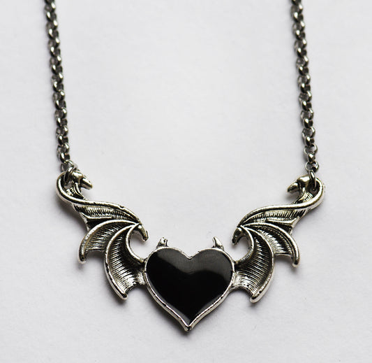 Gothic winged black heart necklace on a 18 inch stainless steel chain