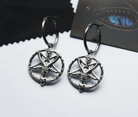 Stainless steel satan pan god skull hoop earrings