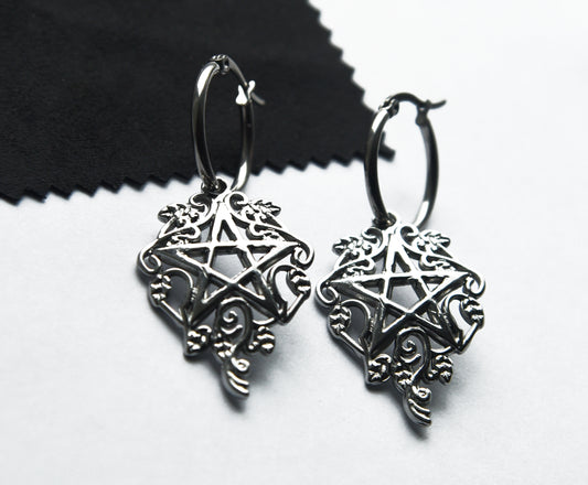 Stainless steel pentagram hoop earrings