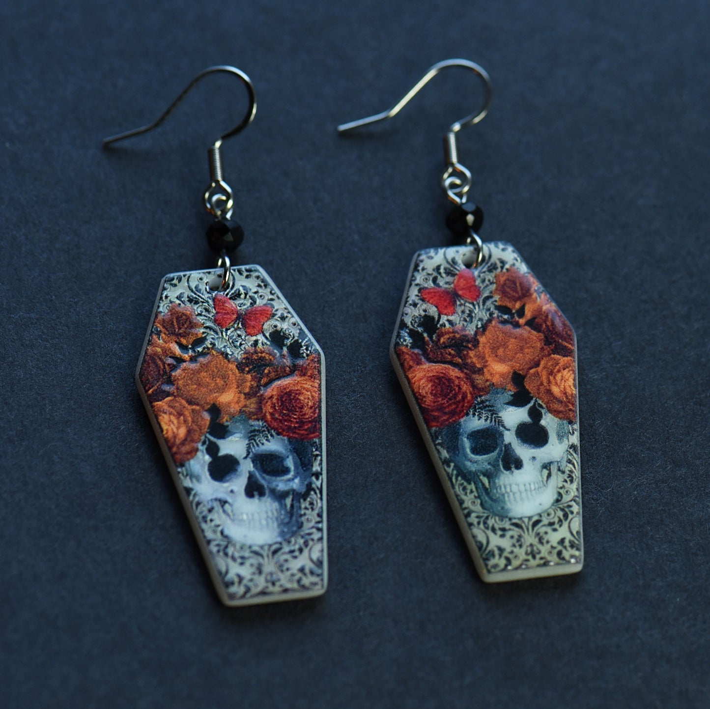 Gothic acrylic skull earrings with stainless steel ear wires