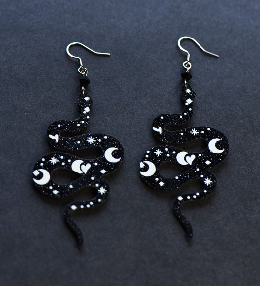 Large gothic black and white snake earrings with stainless steel ear wires