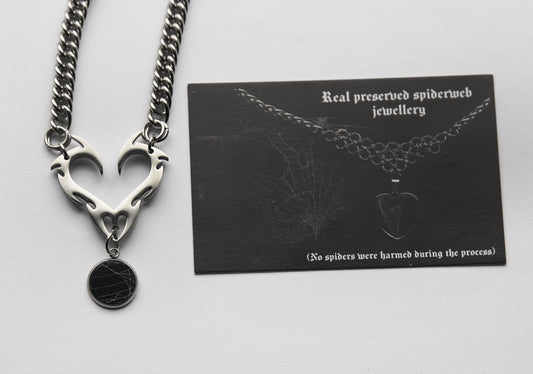 Real preserved spiderweb heart necklace stainless steel