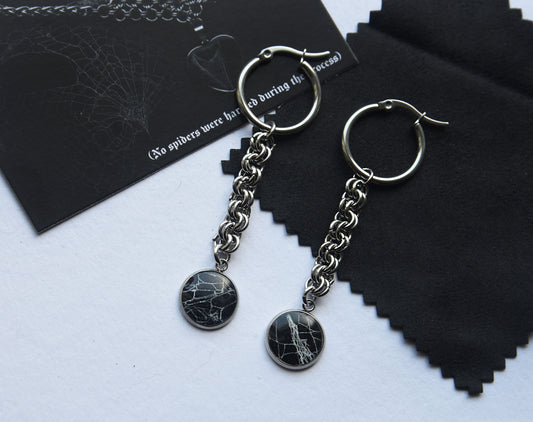 Real preserved spiderweb cabochon earrings with a stainless steel hoops