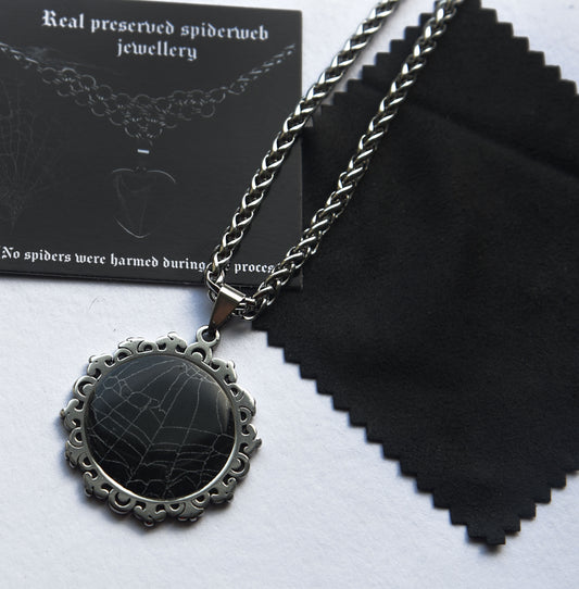 Real preserved spiderweb necklace with a stainless steel chain